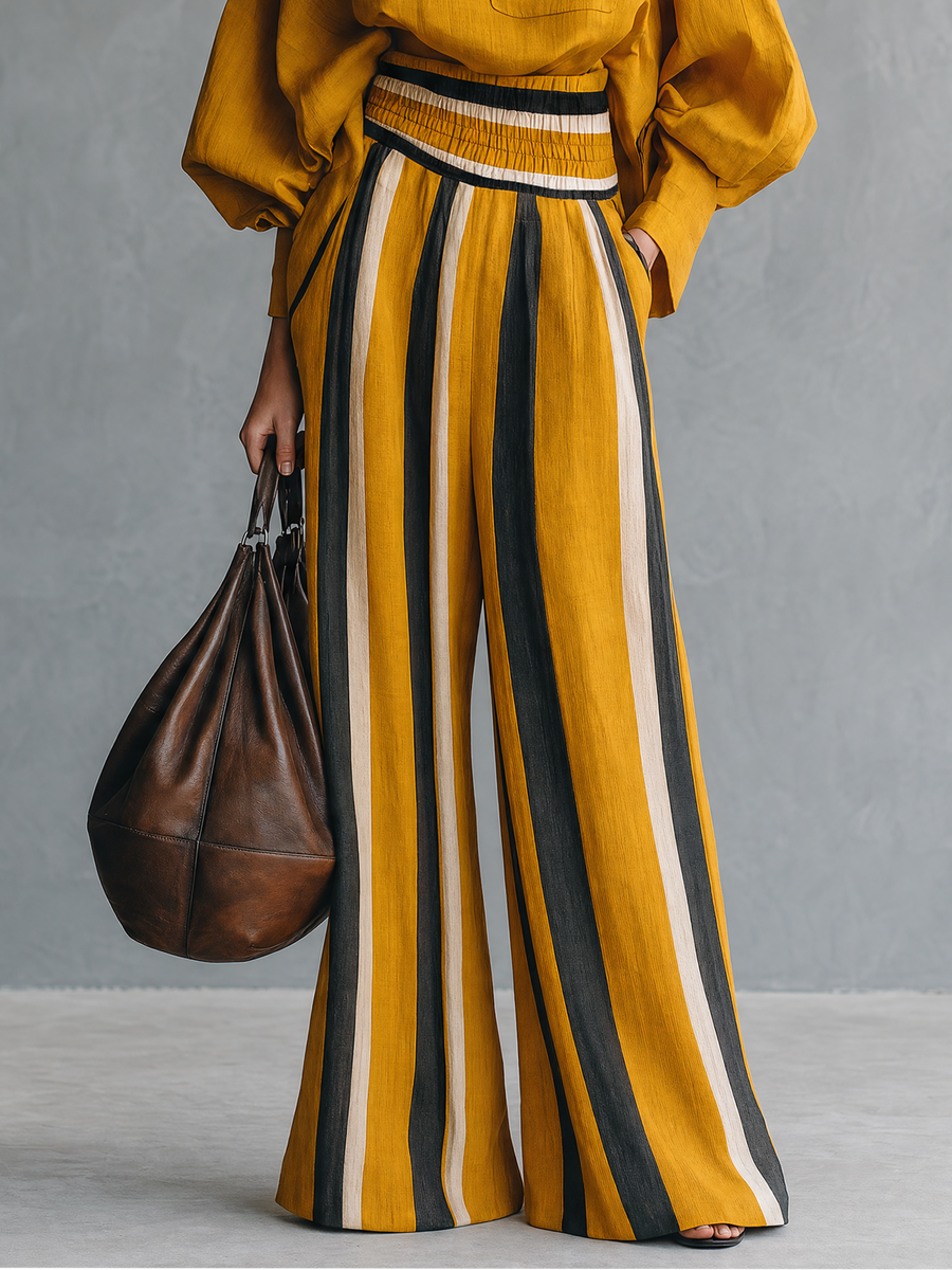 Women's Minimalist Striped Color-Block Print Wide-Leg Trousers MDZ0839G1WY