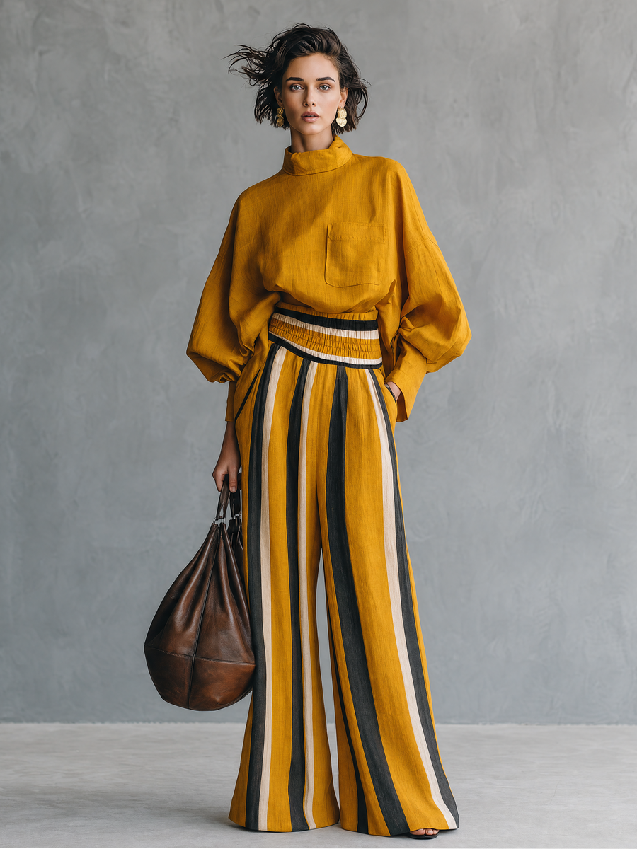 Women's Minimalist Striped Color-Block Print Wide-Leg Trousers MDZ0839G1WY