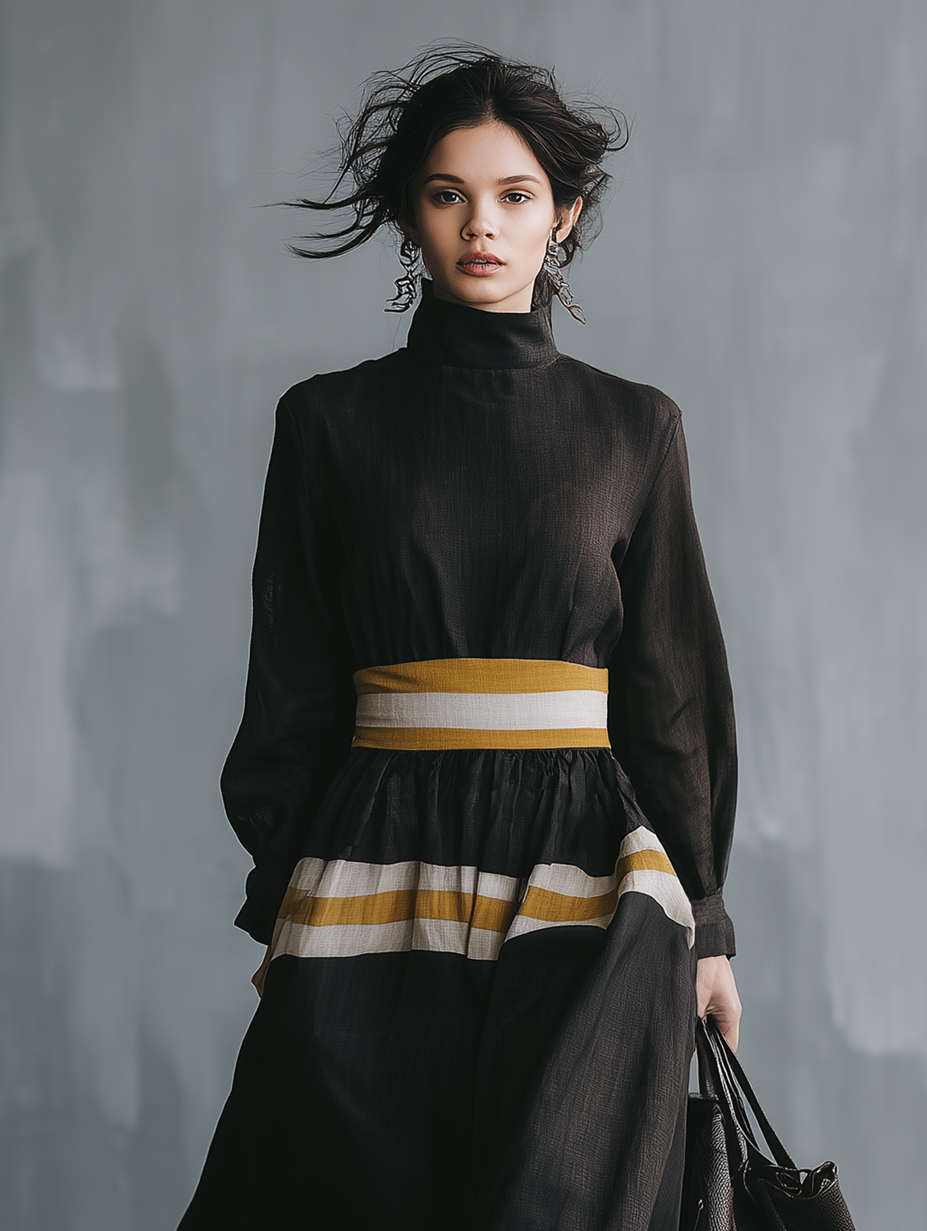 Women's Minimalist Color-Block Linen-Blend Long-Sleeve Maxi Dress With Mock Neck