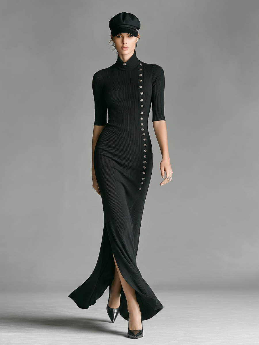 Women's Black Ribbed Knit Maxi Dress With Turtleneck Half Sleeve & Side Slit, Versatile Formal Party Bodycon Maxi Dress MDZ0800G3LYL