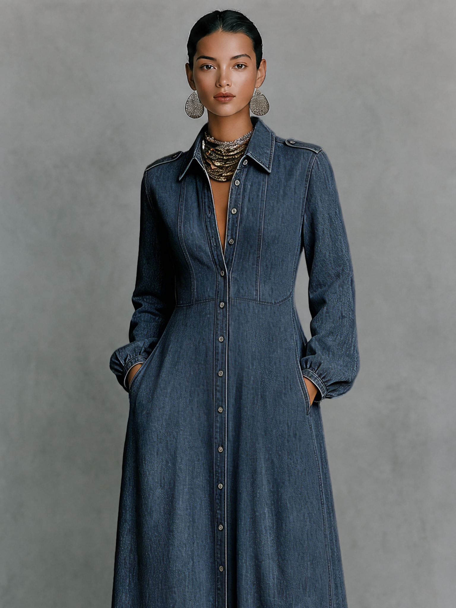 Women's Minimalist Long-Sleeve Denim Maxi Dress With Collar And Epaulettes