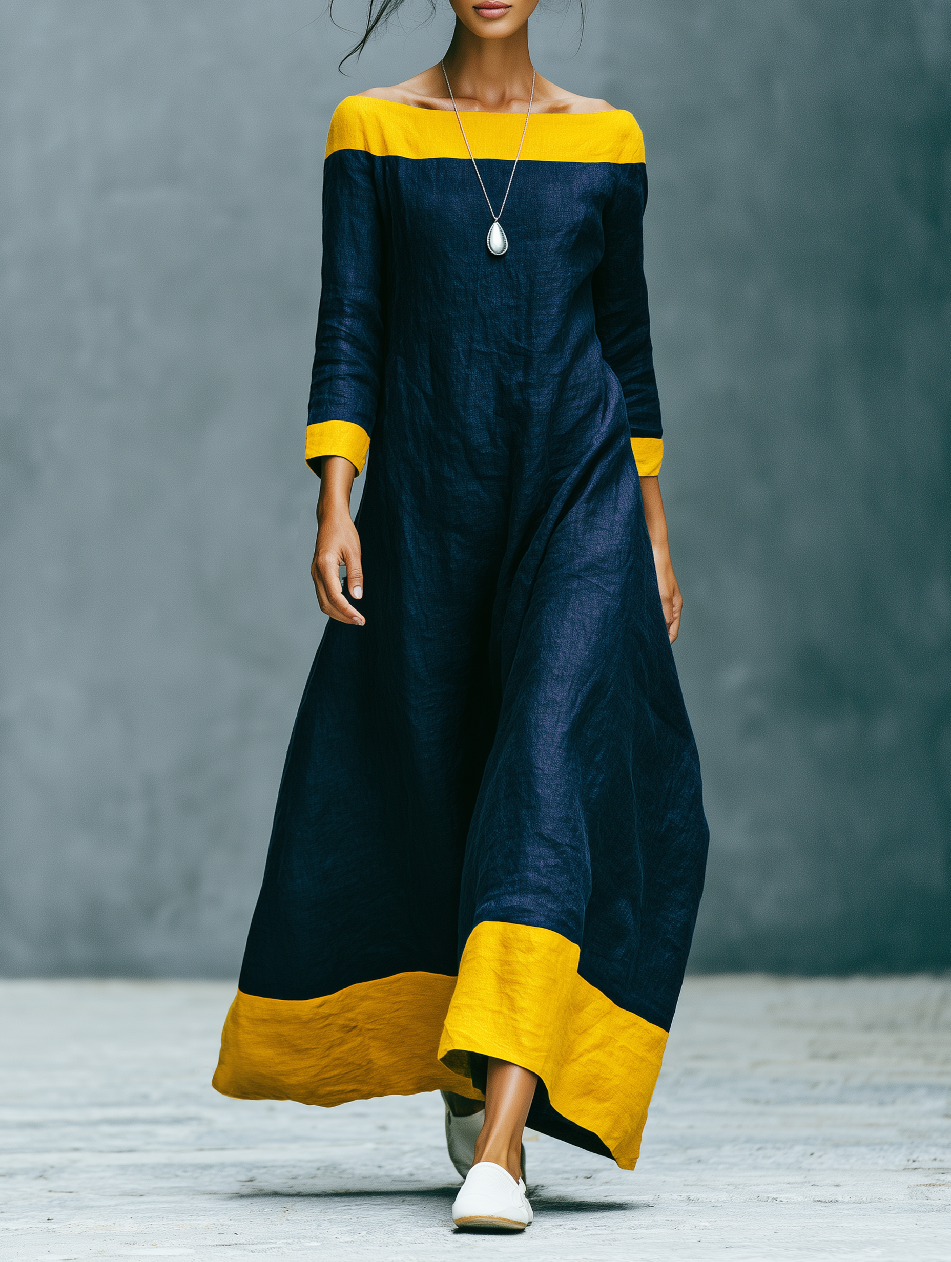 Women's Minimalist Color-Block Linen-Blend Maxi Dress With Crew Neck And Three-Quarter Sleeves