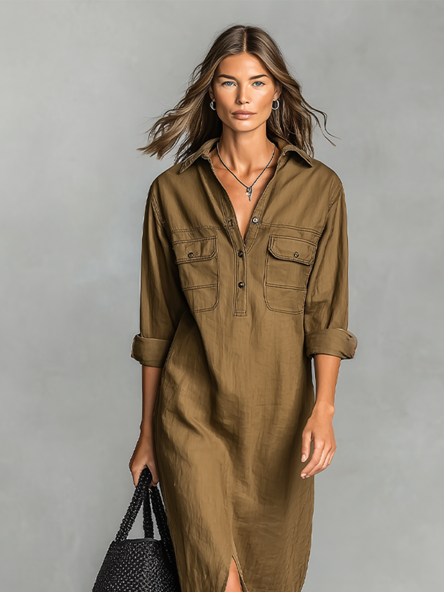 Women's Brown Cotton Blend Shirt Maxi Dress With Dual Chest Patch Pockets & Front Thigh Slit, Casual Utility Resort Loose Shirt Maxi Dress