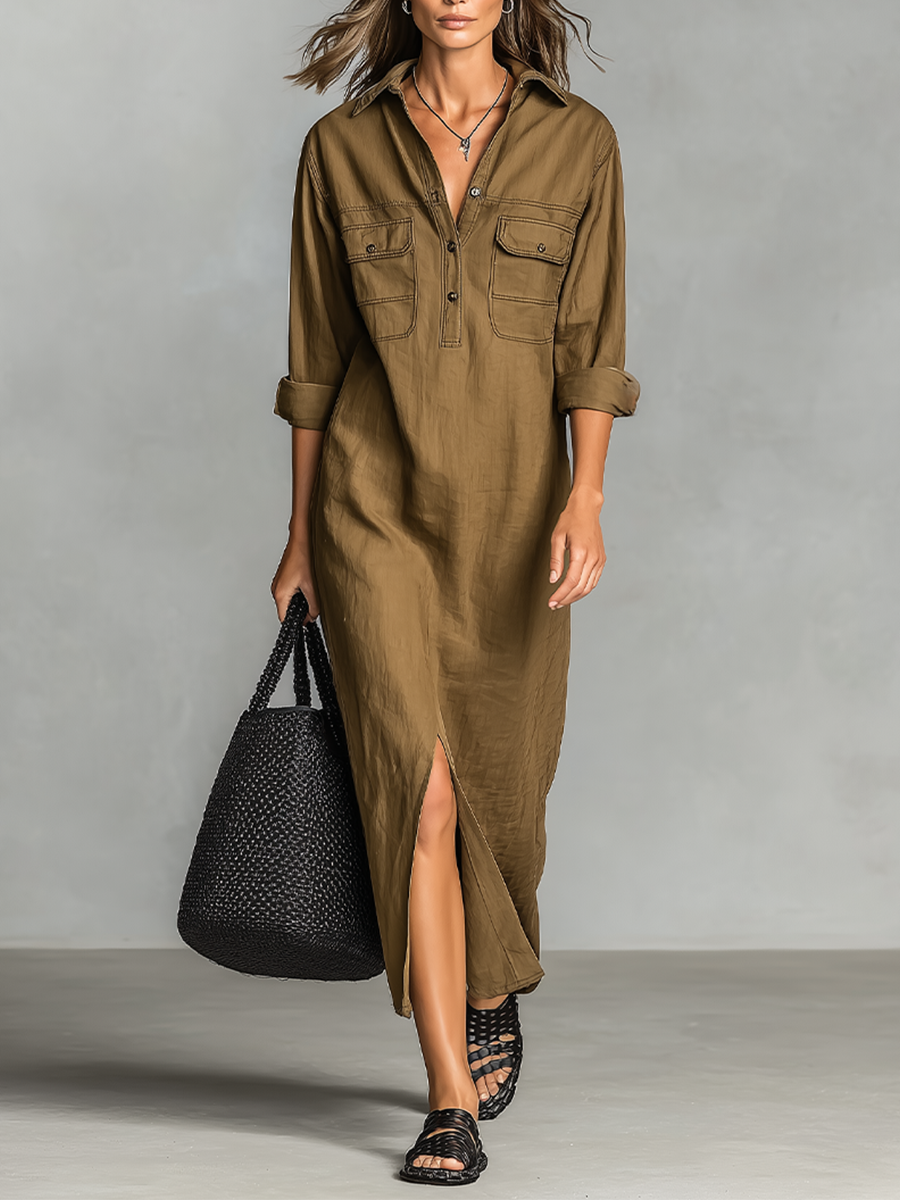 Women's Brown Cotton Blend Shirt Maxi Dress With Dual Chest Patch Pockets & Front Thigh Slit, Casual Utility Resort Loose Shirt Maxi Dress