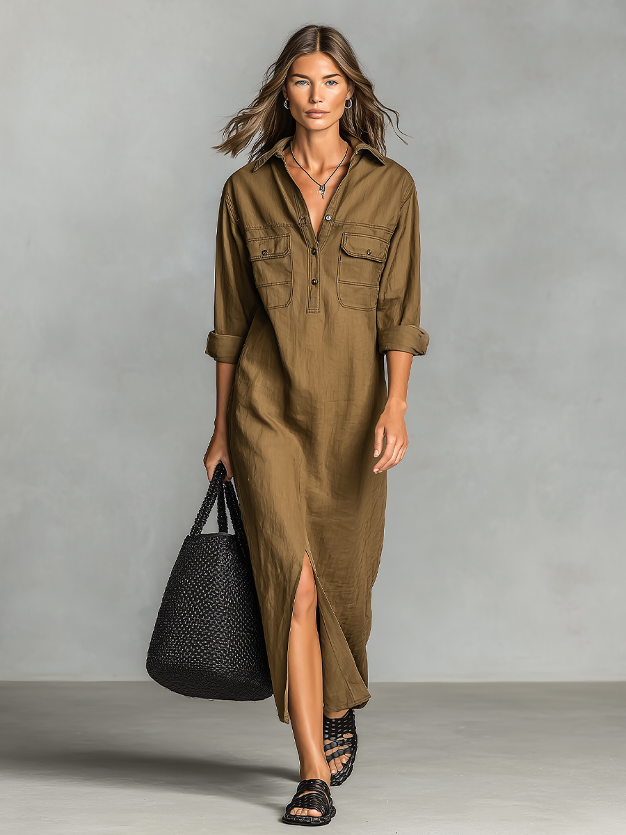 Women's Brown Cotton Blend Shirt Maxi Dress With Dual Chest Patch Pockets & Front Thigh Slit, Casual Utility Resort Loose Shirt Maxi Dress