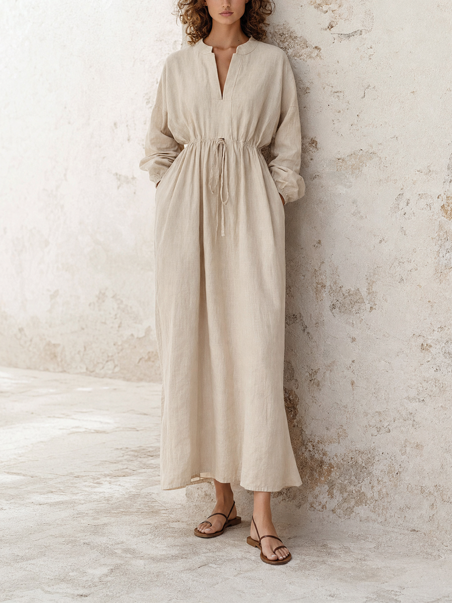 Women's Elegant Casual Off-White Cotton-Linen Drawstring Waist Stand-Collar Long-Sleeve Maxi Dress