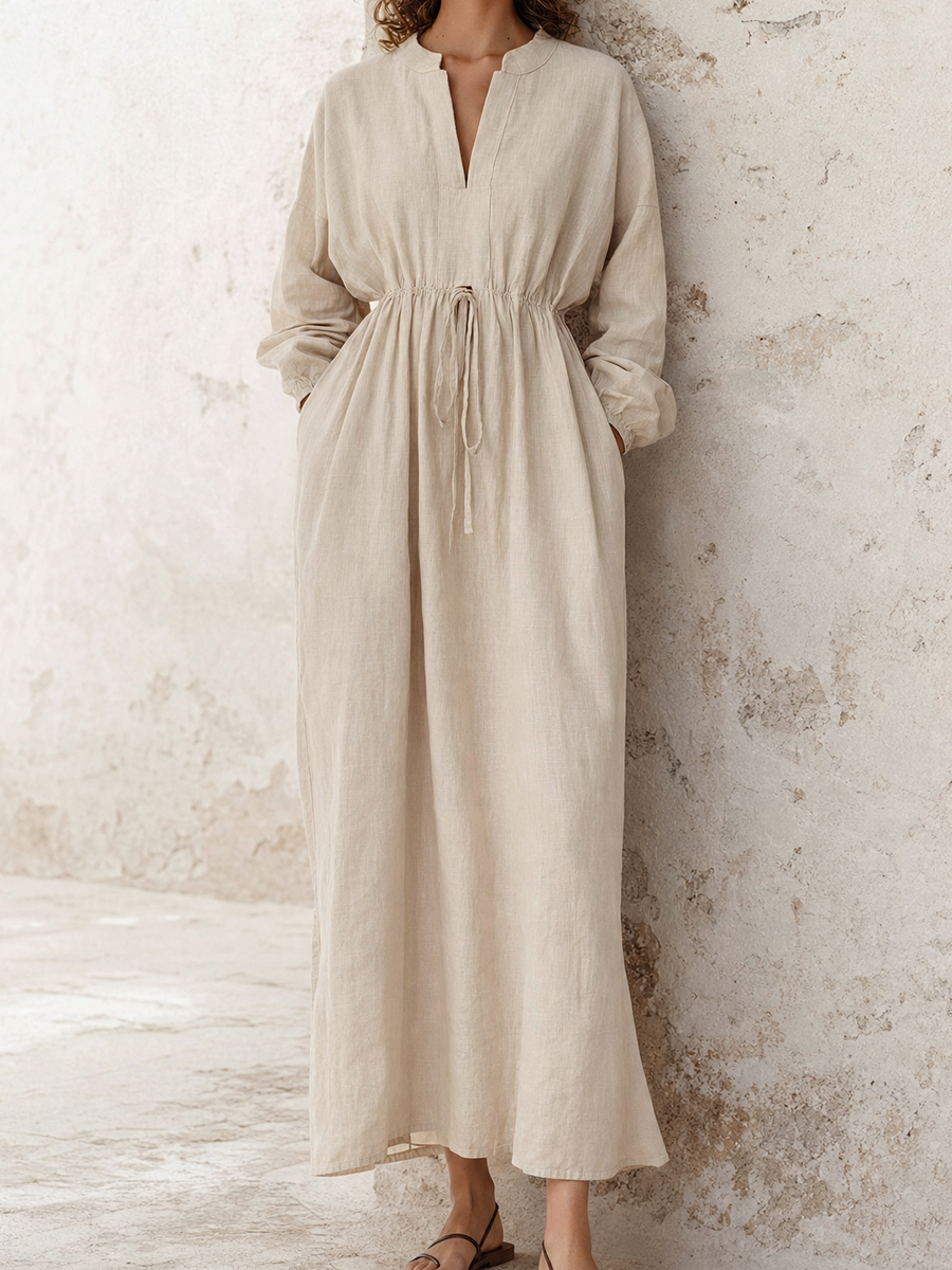 Women's Elegant Casual Off-White Cotton-Linen Drawstring Waist Stand-Collar Long-Sleeve Maxi Dress