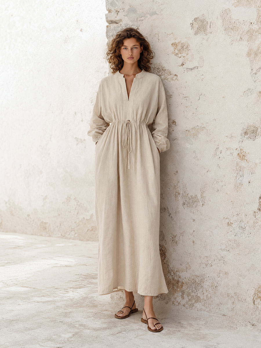Women's Elegant Casual Off-White Cotton-Linen Drawstring Waist Stand-Collar Long-Sleeve Maxi Dress