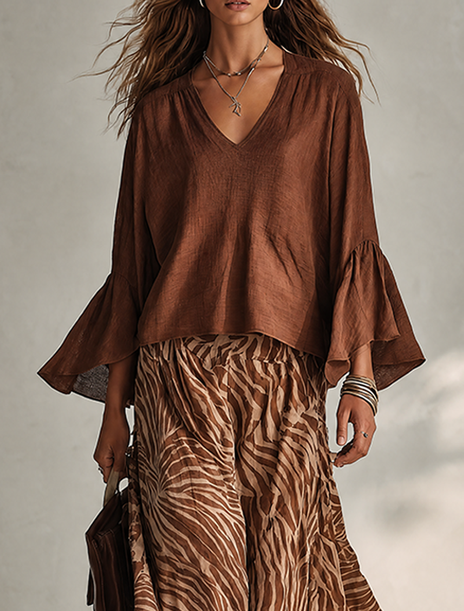 Women's Solid Brown Linen-Blend V-Neck Flared-Sleeve Loose Bohemian Top