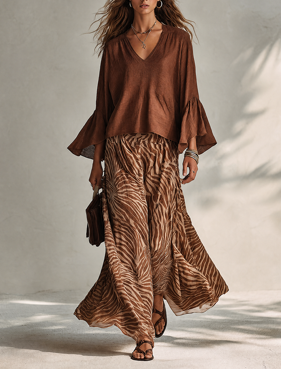 Women's Solid Brown Linen-Blend V-Neck Flared-Sleeve Loose Bohemian Top