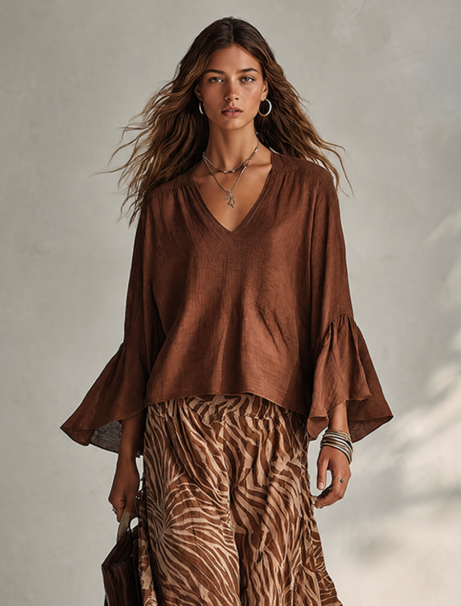 Women's Solid Brown Linen-Blend V-Neck Flared-Sleeve Loose Bohemian Top