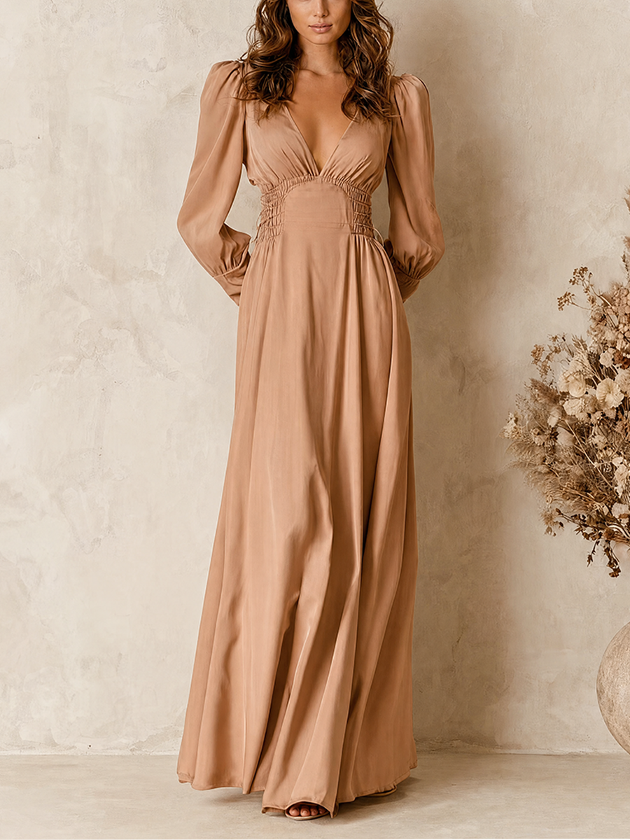 Women's Elegant  Pink Deep V-Neck Puff-Sleeve Cinched-Waist Flowing Chiffon Maxi Dress MDZ0941G7CMX