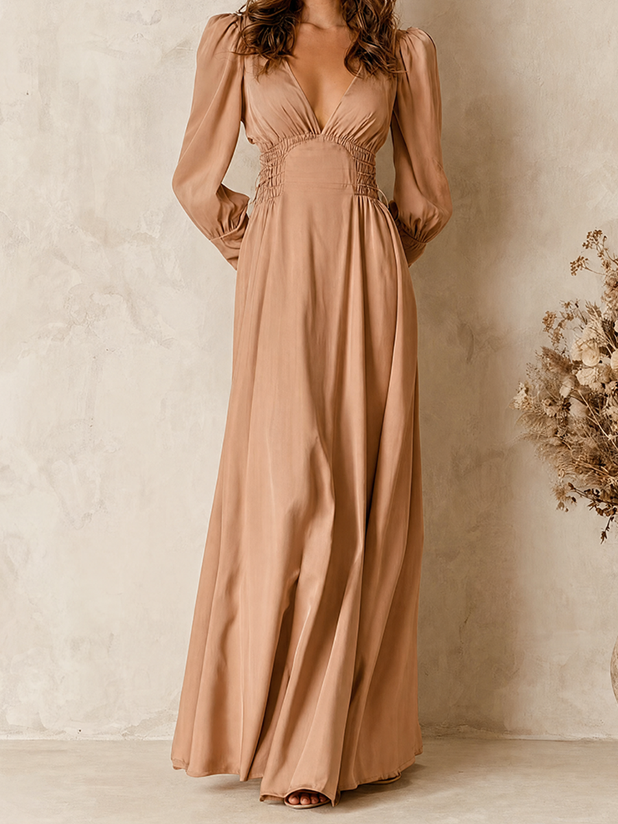 Women's Elegant  Pink Deep V-Neck Puff-Sleeve Cinched-Waist Flowing Chiffon Maxi Dress MDZ0941G7CMX