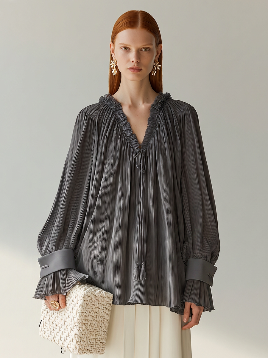 Women's Dark Grey Pleated Chiffon Blouse With Ruffled V Tie Neck & Contrast Cuff Lantern Sleeves, Elegant Loose Casual Long Sleeve Blouse