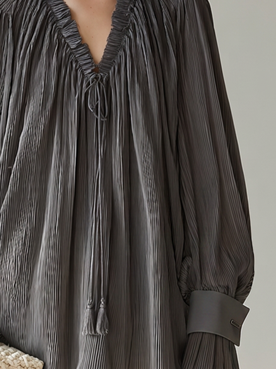 Women's Dark Grey Pleated Chiffon Blouse With Ruffled V Tie Neck & Contrast Cuff Lantern Sleeves, Elegant Loose Casual Long Sleeve Blouse