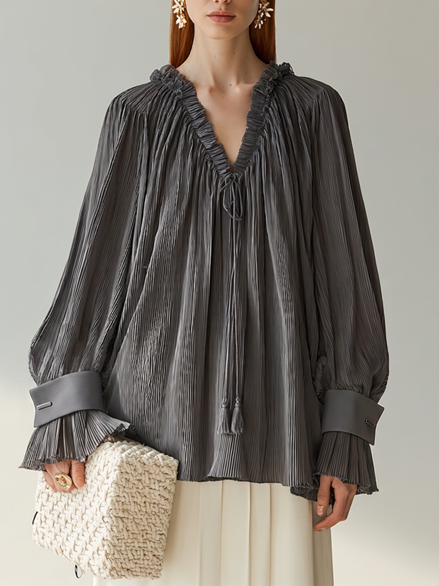 Women's Dark Grey Pleated Chiffon Blouse With Ruffled V Tie Neck & Contrast Cuff Lantern Sleeves, Elegant Loose Casual Long Sleeve Blouse