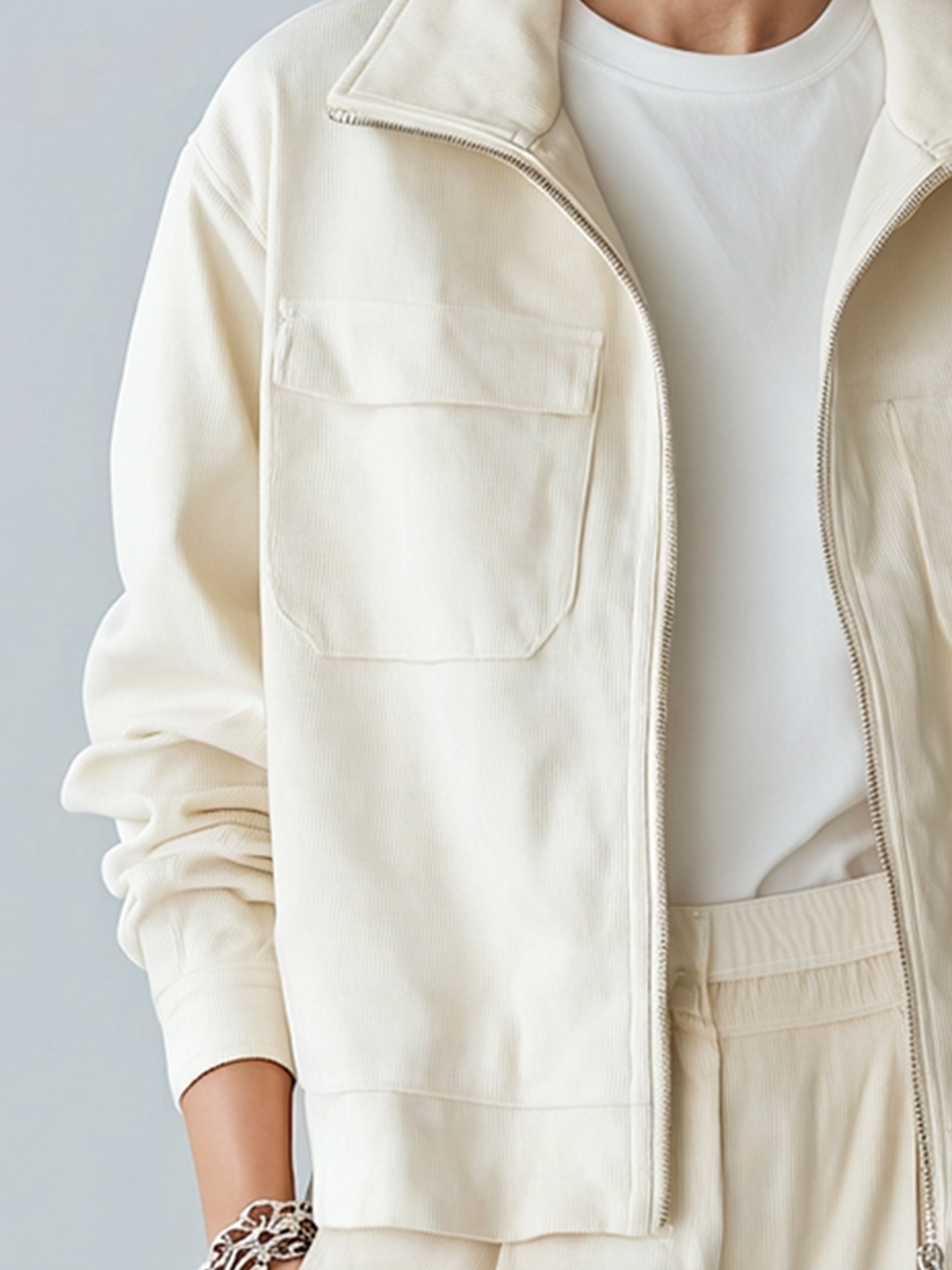 Women's Cream Corduroy Zip Up Jacket With Stand Collar & Dual Patch Chest Pockets, Minimalist Loose Casual Long Sleeve Outerwear