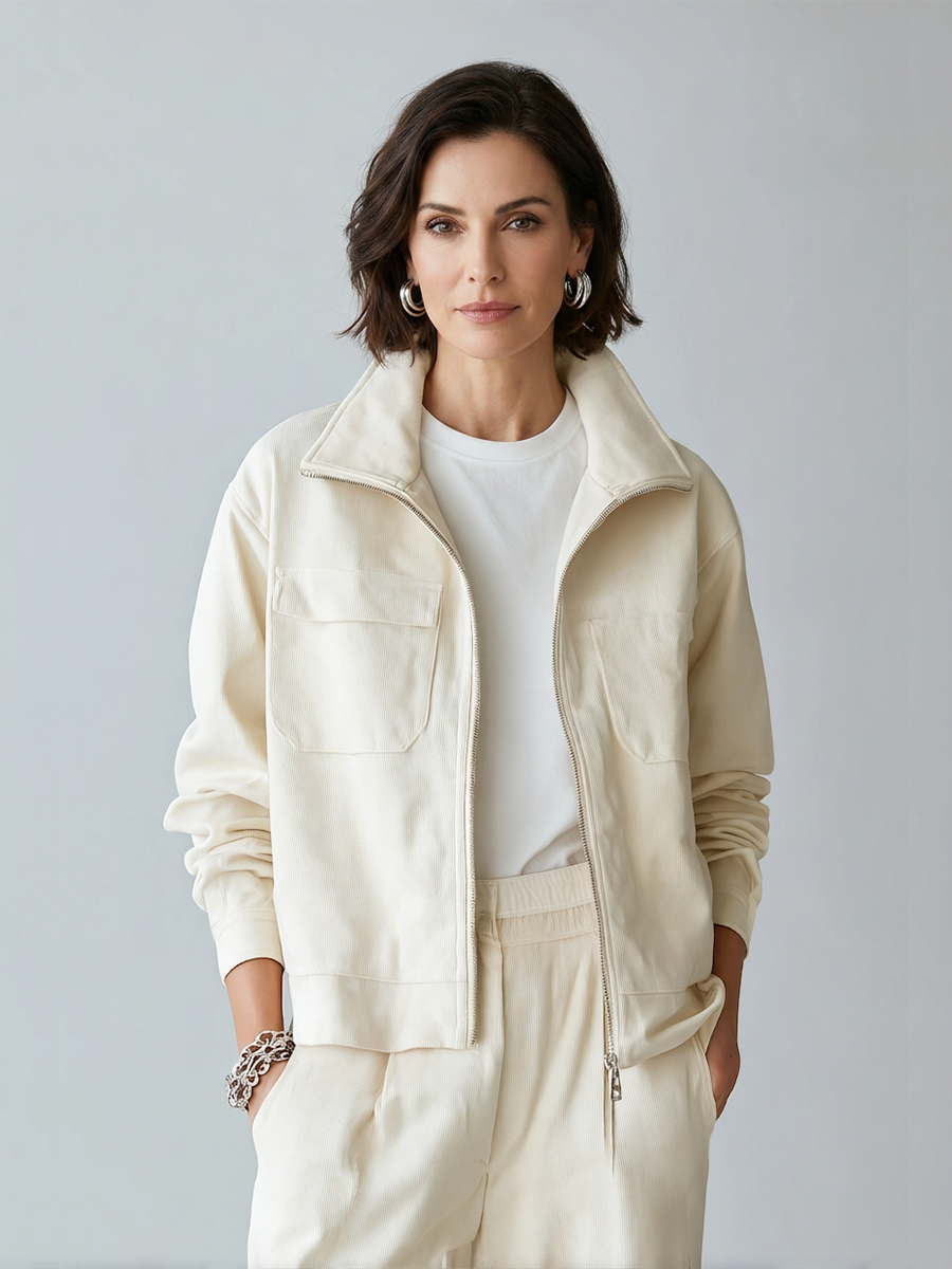 Women's Cream Corduroy Zip Up Jacket With Stand Collar & Dual Patch Chest Pockets, Minimalist Loose Casual Long Sleeve Outerwear
