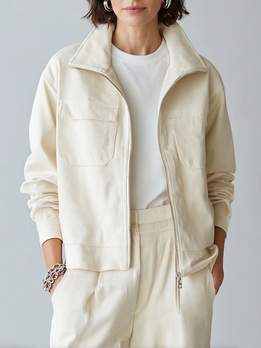Women's Cream Corduroy Zip Up Jacket With Stand Collar & Dual Patch Chest Pockets, Minimalist Loose Casual Long Sleeve Outerwear