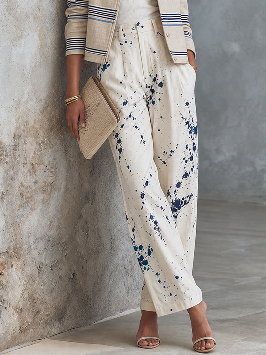 Women's Art Casual Off White Base Blue Splash Ink Cotton Blend High Waist Full Length Wide Leg Trousers MDZ1499G6GMJ