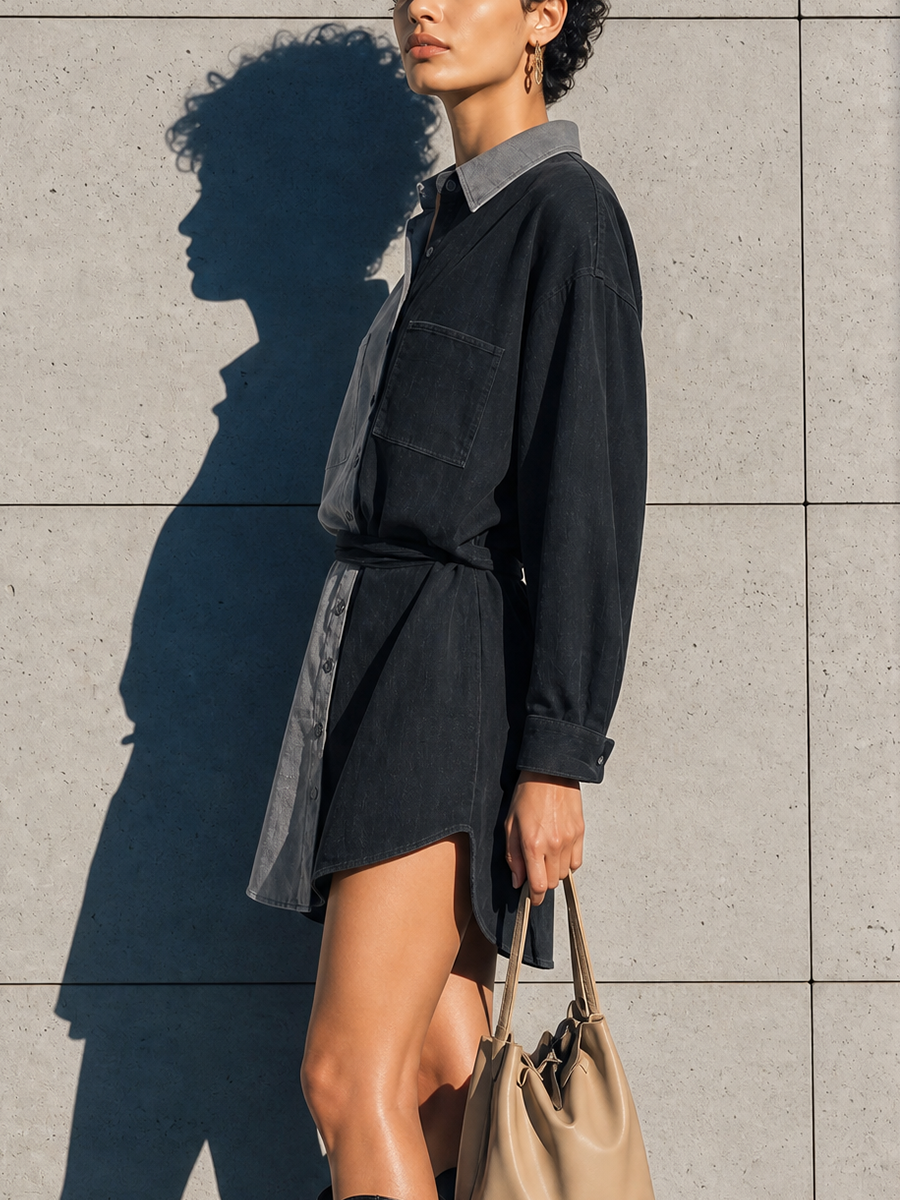 Women's Black Grey Colour Block Faux Denim Collared Long Sleeve Double Pocket Belted Shirt