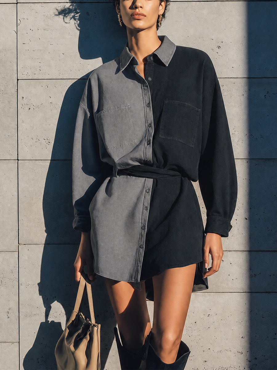 Women's Black Grey Colour Block Faux Denim Collared Long Sleeve Double Pocket Belted Shirt