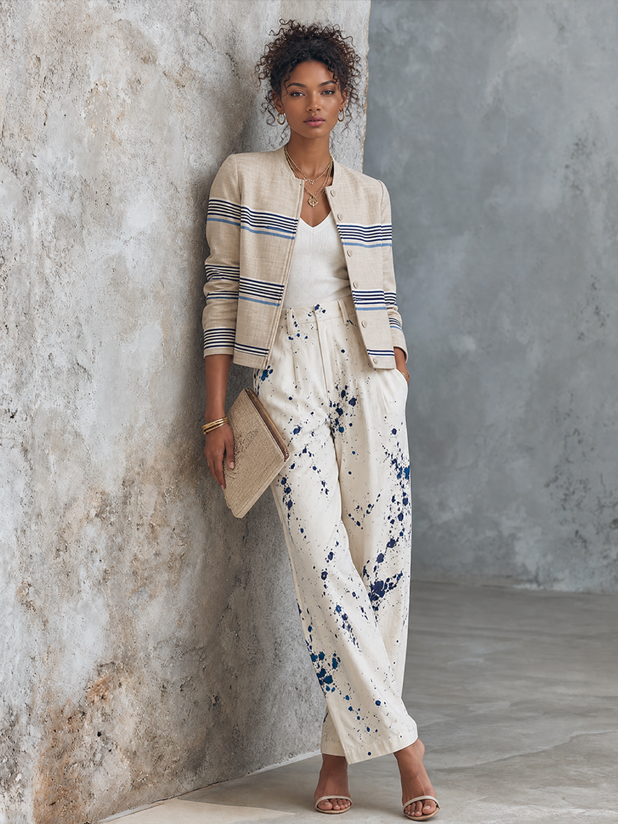 Women's Art Casual Off White Base Blue Splash Ink Cotton Blend High Waist Full Length Wide Leg Trousers MDZ1499G6GMJ