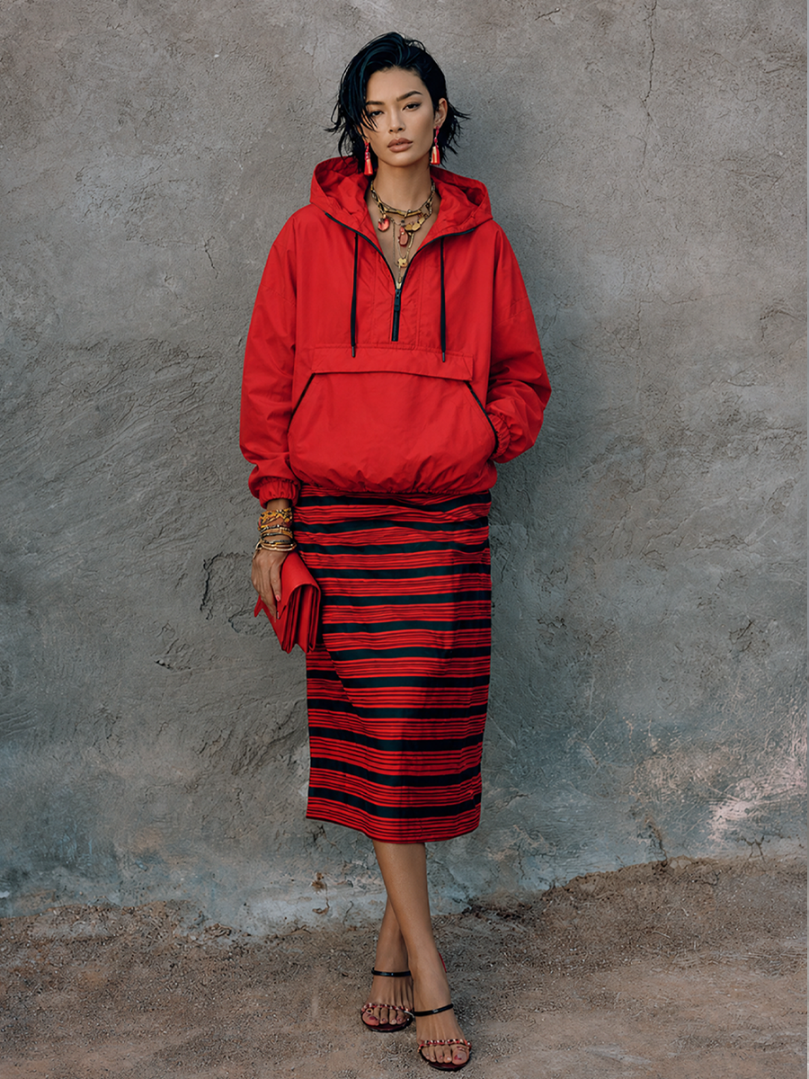 Women's Retro Vacation Red Black Stripe Cotton Blend Straight Midi Skirt MDZ1479G1GMJ