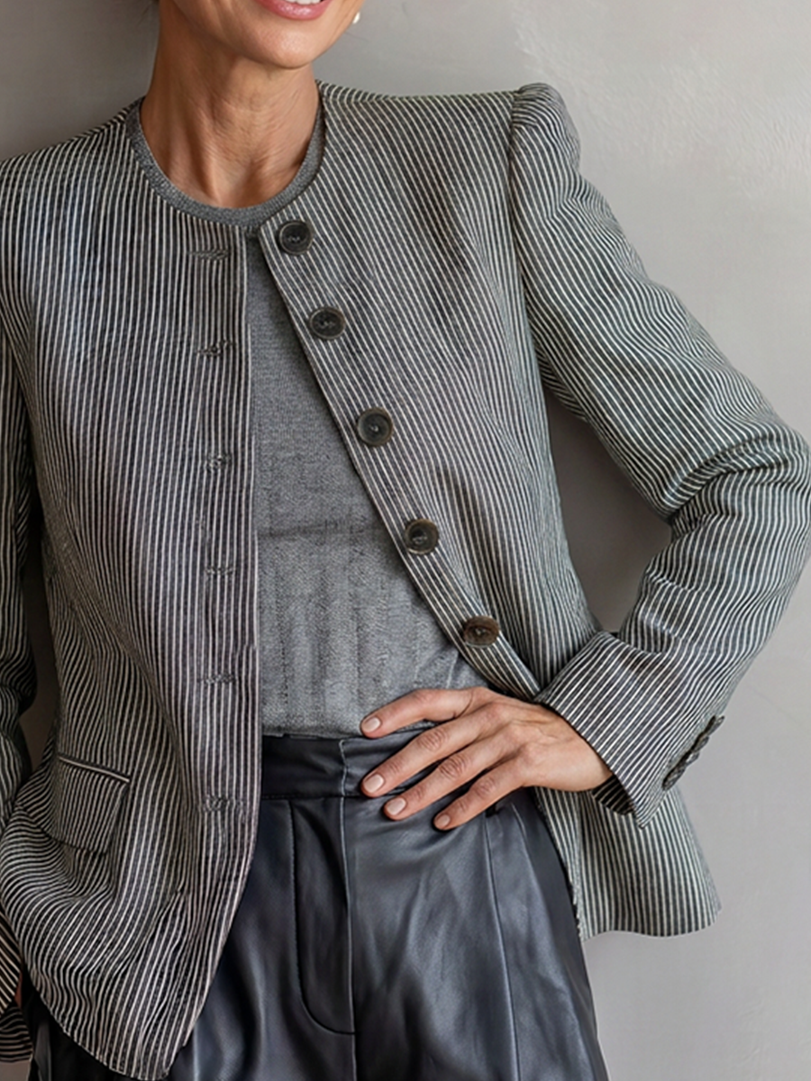 Women's Grey White Striped Woven Blazer With Standless Crew Neck & Cuff Button Accents, Minimalist Vintage Office Long Sleeve Jacket