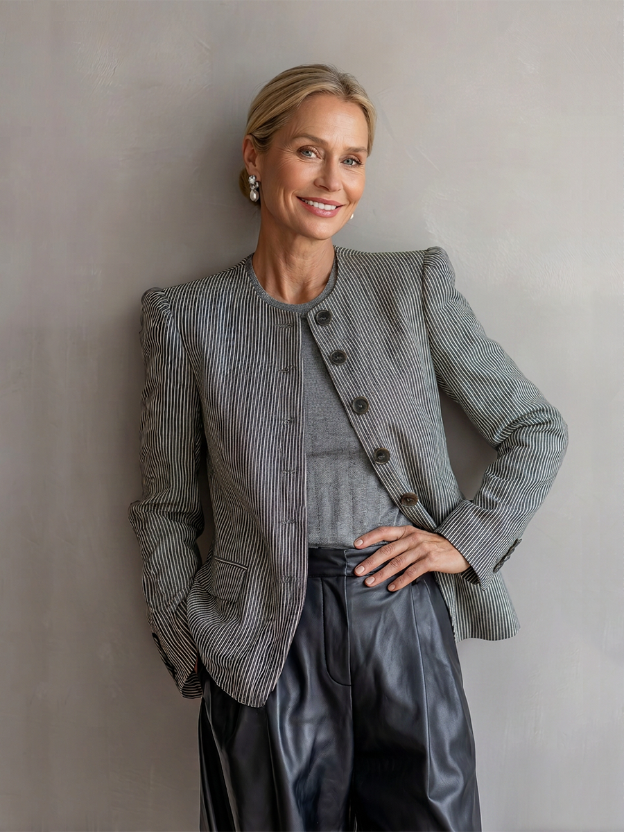 Women's Grey White Striped Woven Blazer With Standless Crew Neck & Cuff Button Accents, Minimalist Vintage Office Long Sleeve Jacket