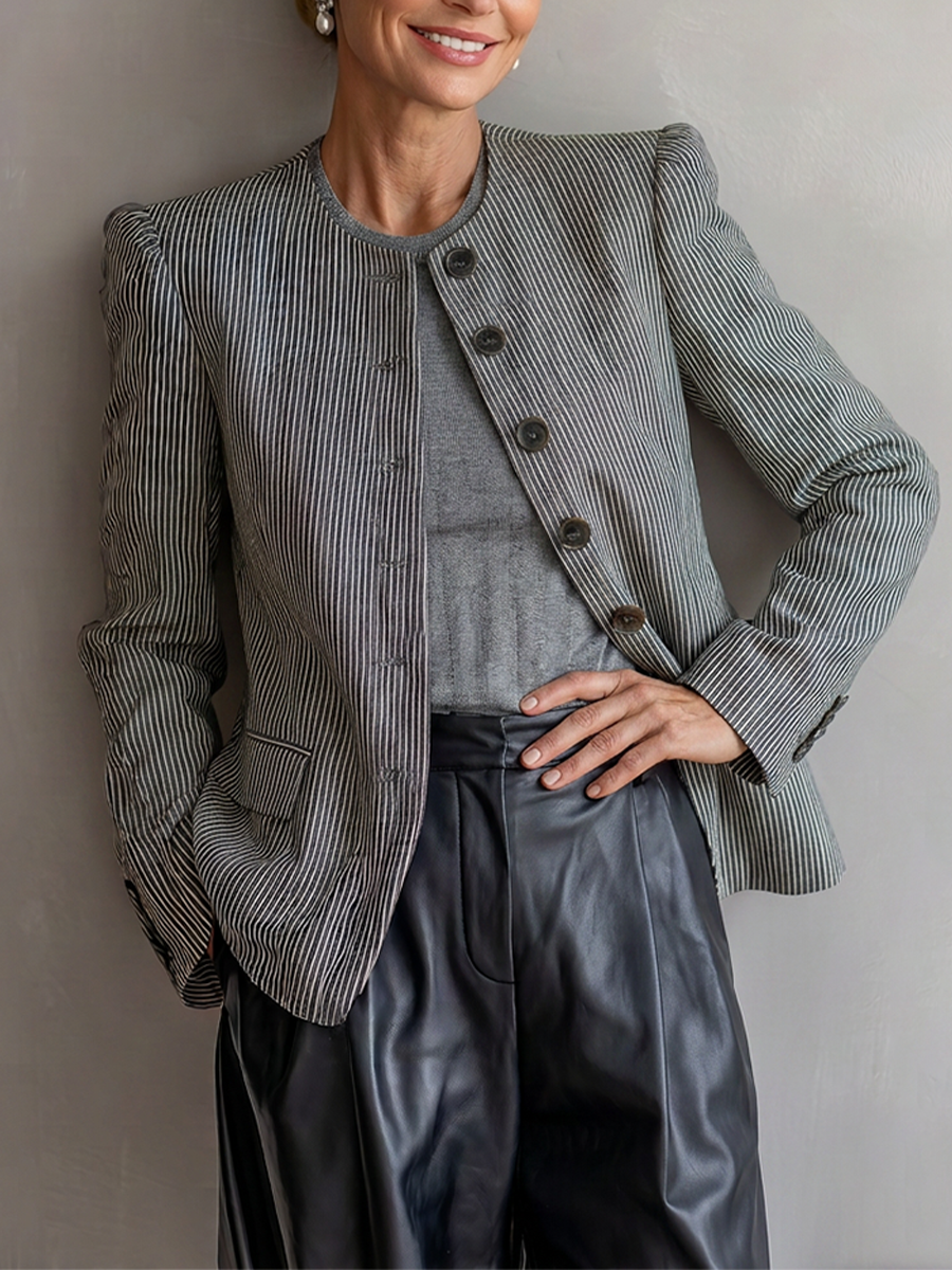 Women's Grey White Striped Woven Blazer With Standless Crew Neck & Cuff Button Accents, Minimalist Vintage Office Long Sleeve Jacket