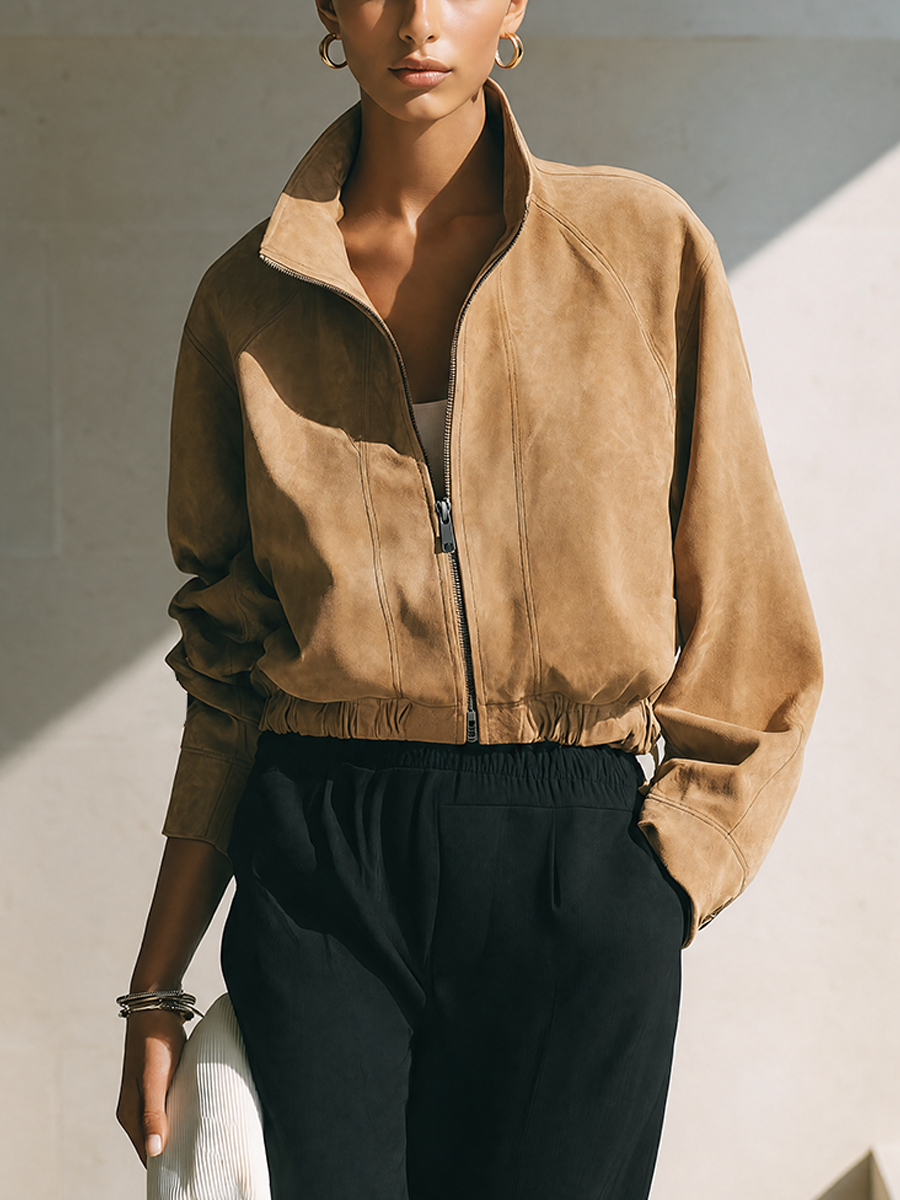 Women's Fashion Cropped Suede Stand‑Collar Zipper Jacket