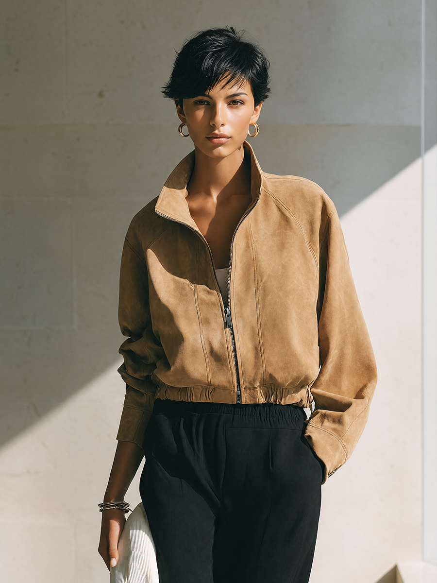 Women's Fashion Cropped Suede Stand‑Collar Zipper Jacket