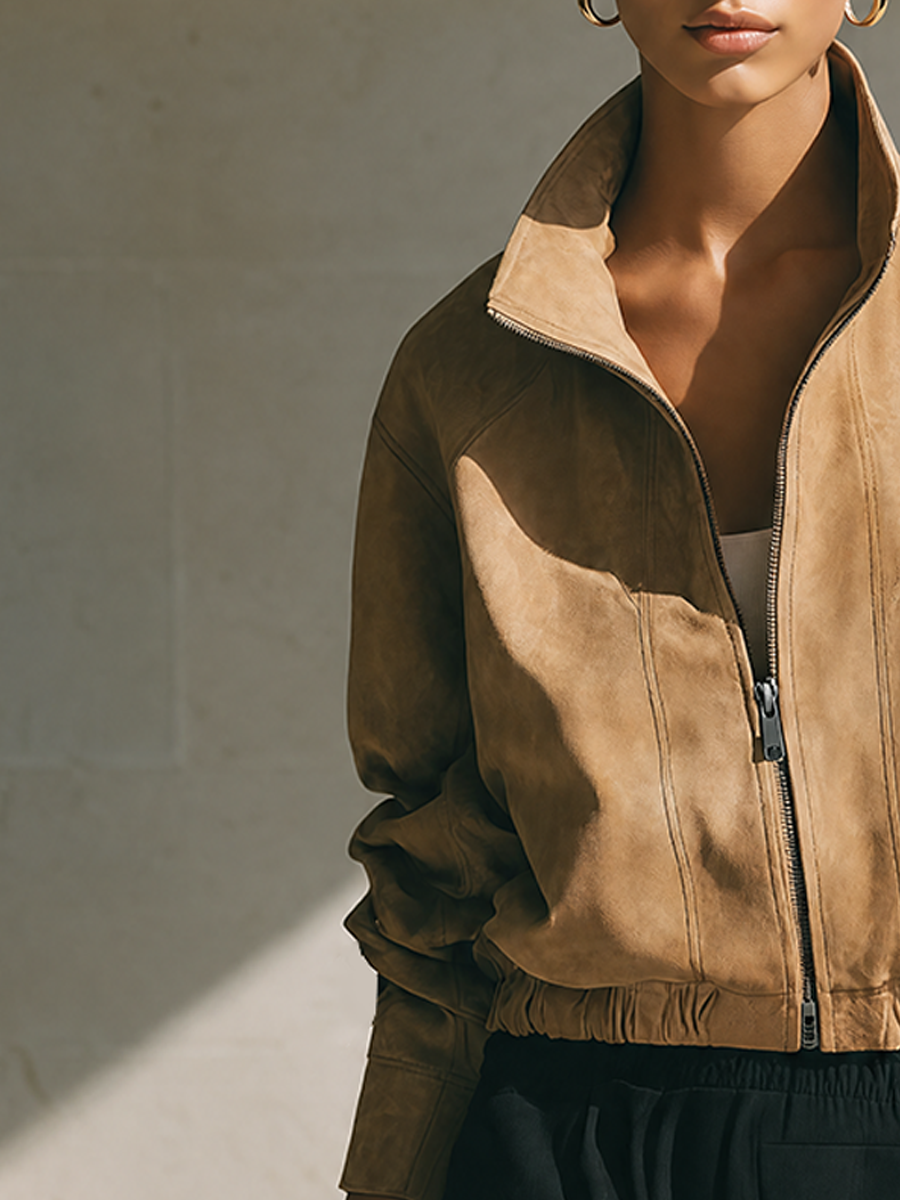 Women's Fashion Cropped Suede Stand‑Collar Zipper Jacket