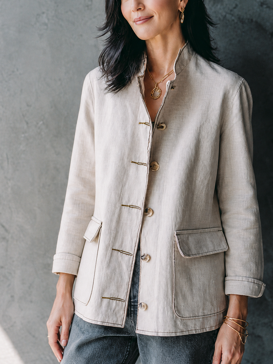 Women's Simple Commuter Off White Cotton Linen Stand Collar Contrast Stitched Patch Pockets Jacket