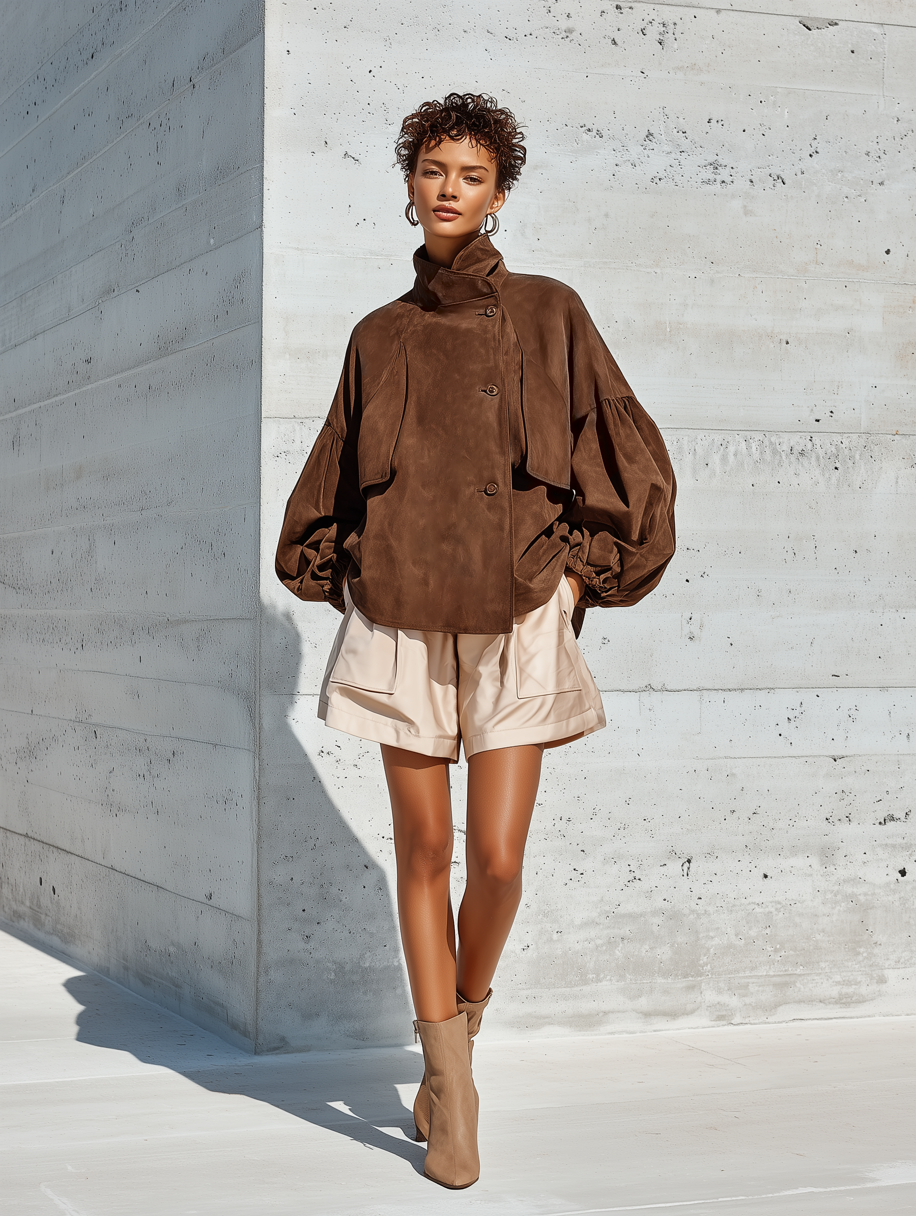 Women's Brown Faux Suede Stand Collar Puff Gathered Cuff Oversized Jacket