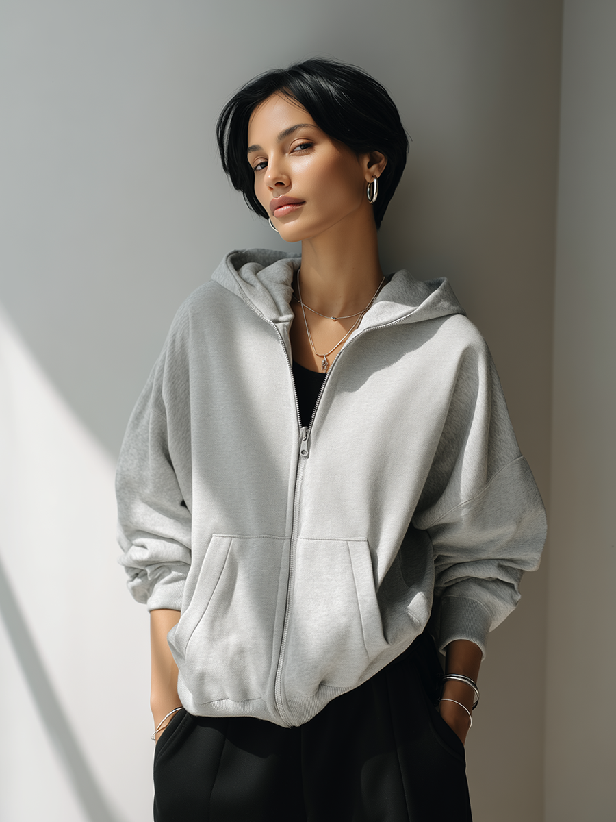 Women's Fashion Oversized Light Grey Zip-Up Hooded Sweatshirt Jacket