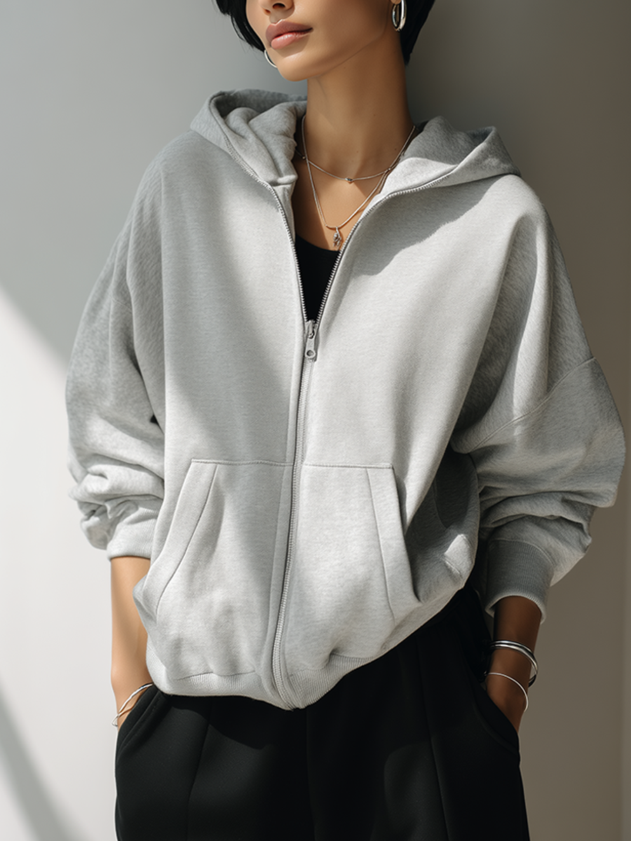 Women's Fashion Oversized Light Grey Zip-Up Hooded Sweatshirt Jacket