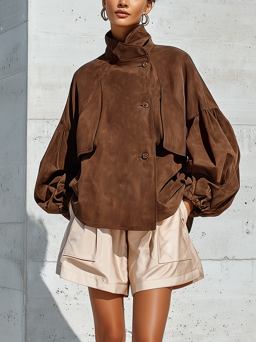 Women's Brown Faux Suede Stand Collar Puff Gathered Cuff Oversized Jacket