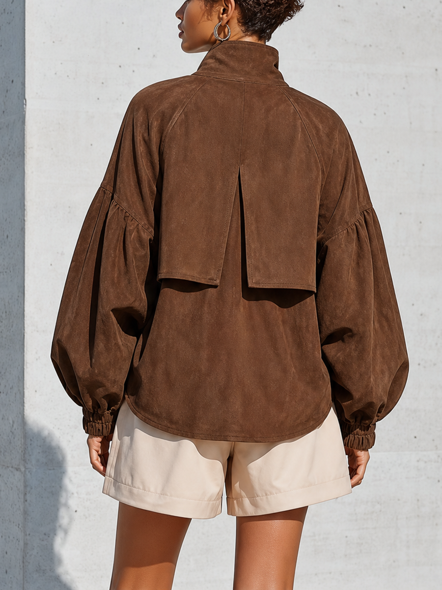 Women's Brown Faux Suede Stand Collar Puff Gathered Cuff Oversized Jacket