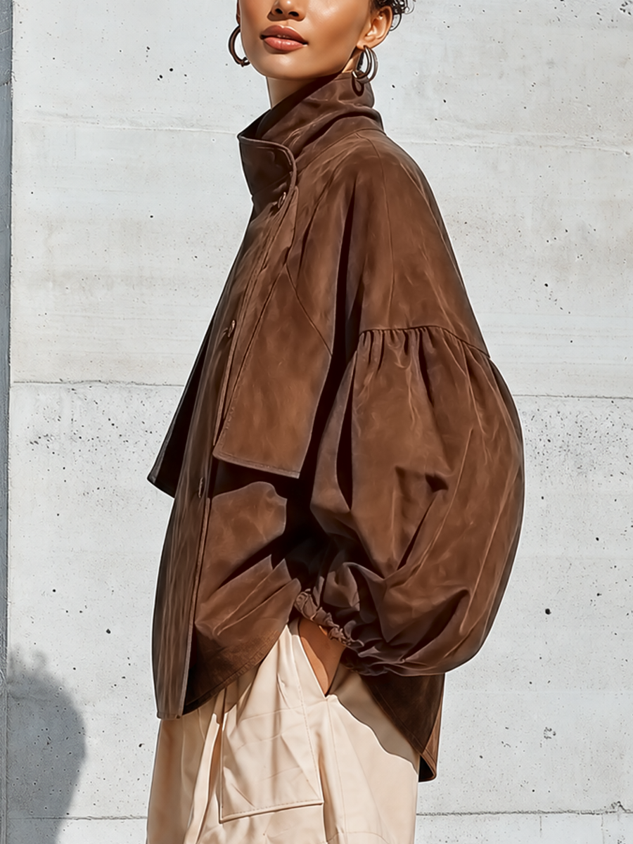 Women's Brown Faux Suede Stand Collar Puff Gathered Cuff Oversized Jacket