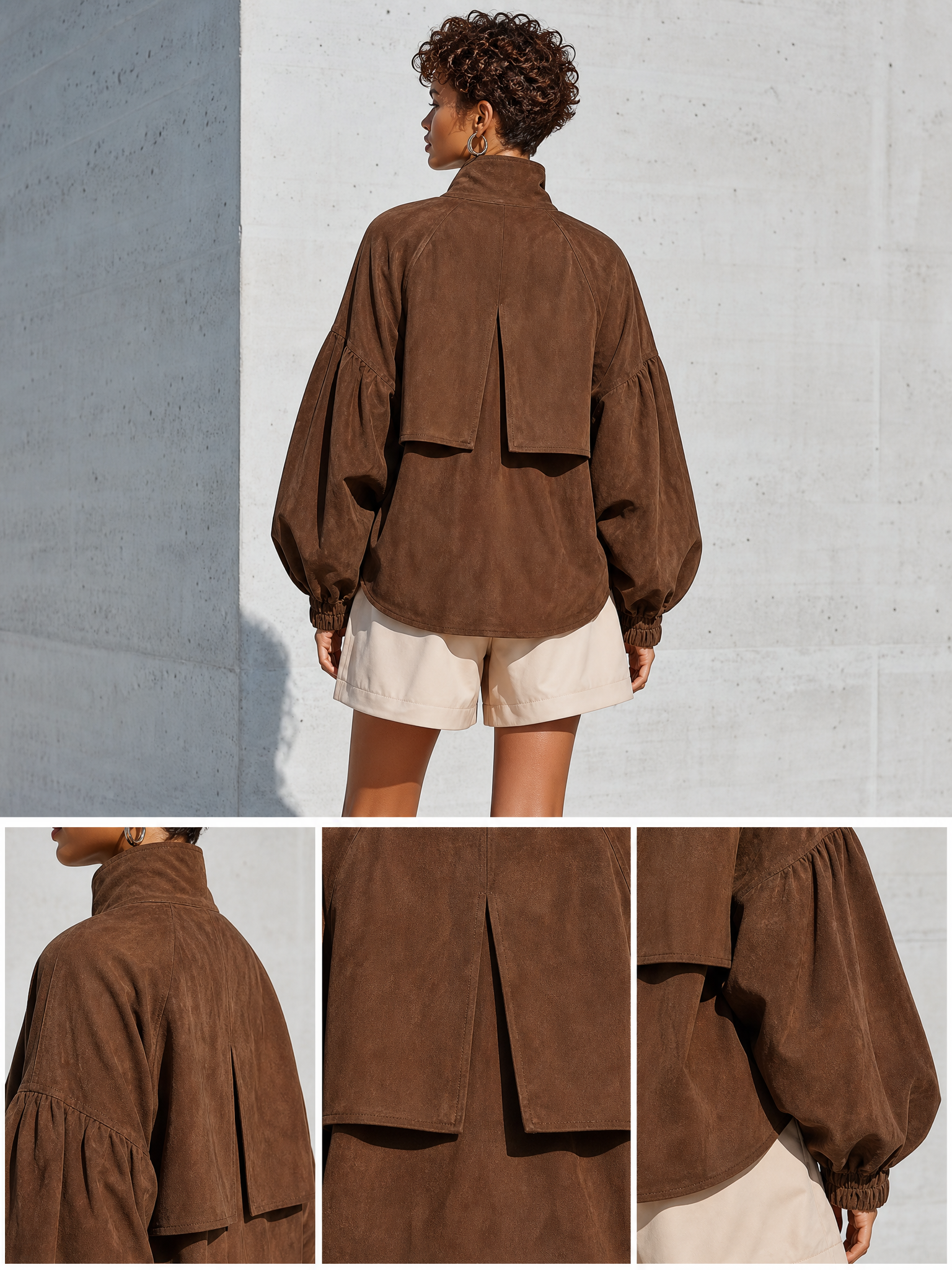 Women's Brown Faux Suede Stand Collar Puff Gathered Cuff Oversized Jacket