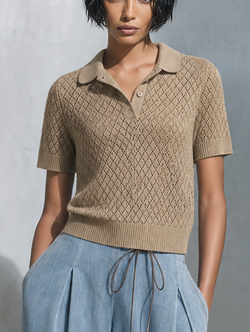Women's Casual Chic Khaki Open-Knit Polo Short Sleeve Sweater Top
