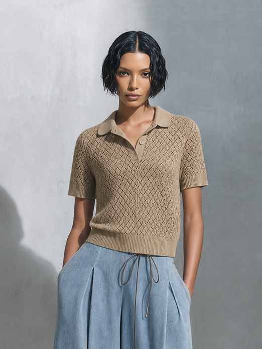 Women's Casual Chic Khaki Open-Knit Polo Short Sleeve Sweater Top
