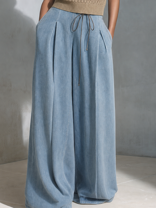 Women's Casual Light Blue Drawstring High-Waist Wide-Leg Full-Length Pants MDZ1683G1ZSQ