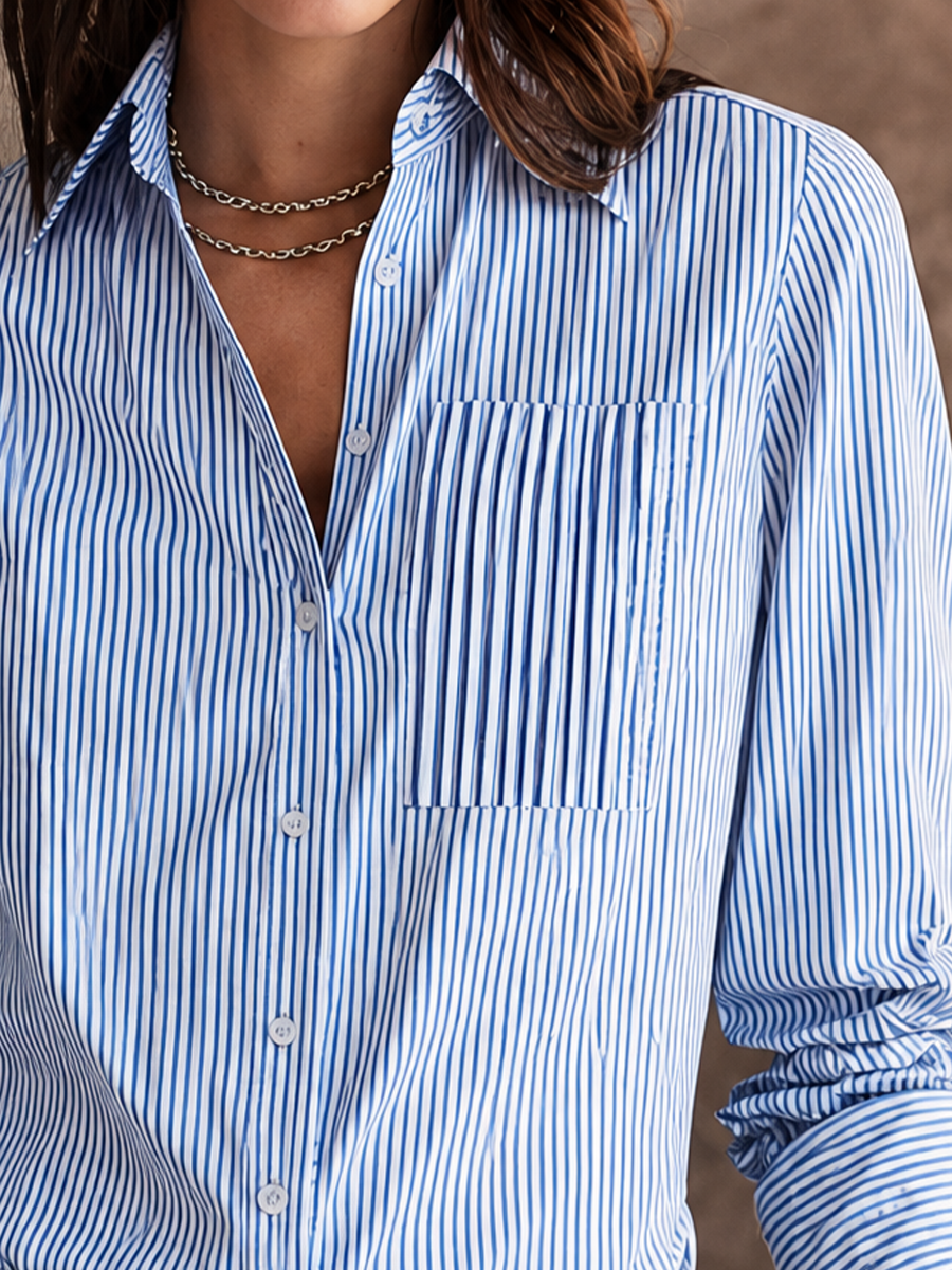 Women's Classic Commuter Blue White Cotton Blend Striped Pleated Pocket Button-Down Shirt