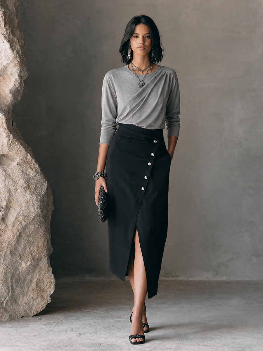 Women's Elegant Black Cotton Blend Asymmetric Button Front Slit Midi Skirt MDZ1692G7GMJ