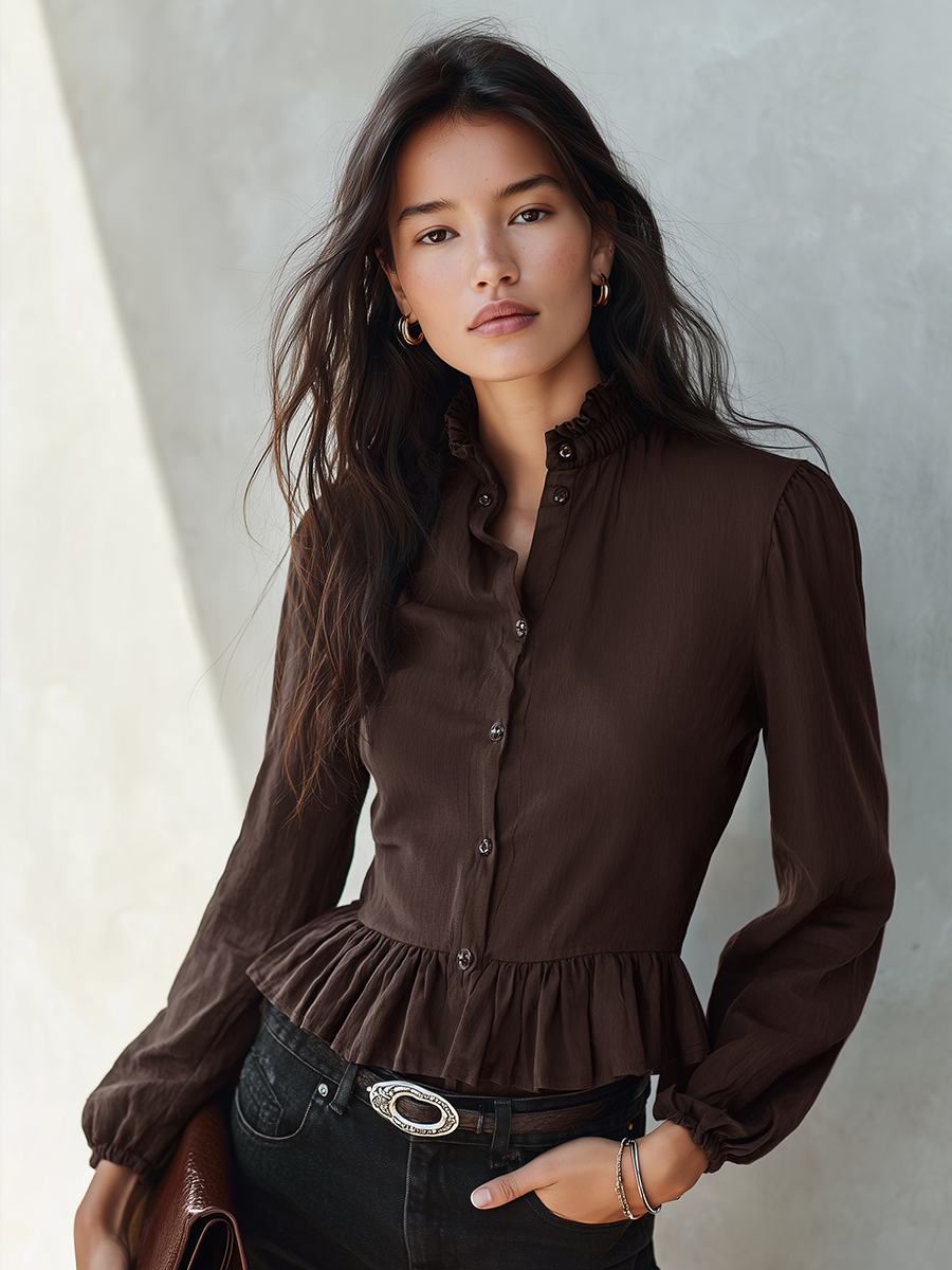 Women's Dark Brown Ruffled Stand Collar Long Sleeve Cropped Blouse