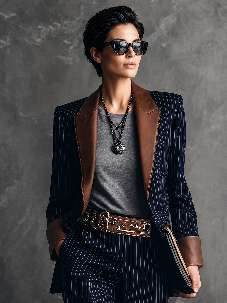 Women's Vintage-Style Navy Striped Cotton-Blend Blazer With Brown Leather-Look Contrast Collar