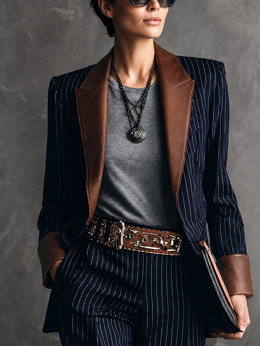 Women's Vintage-Style Navy Striped Cotton-Blend Blazer With Brown Leather-Look Contrast Collar